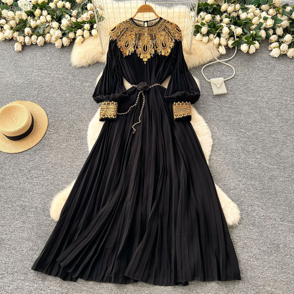 Frenchclassyelegance heavy industry embroidered beads sequin patchwork lantern sleeves straps waist pleated dress women's long skirt