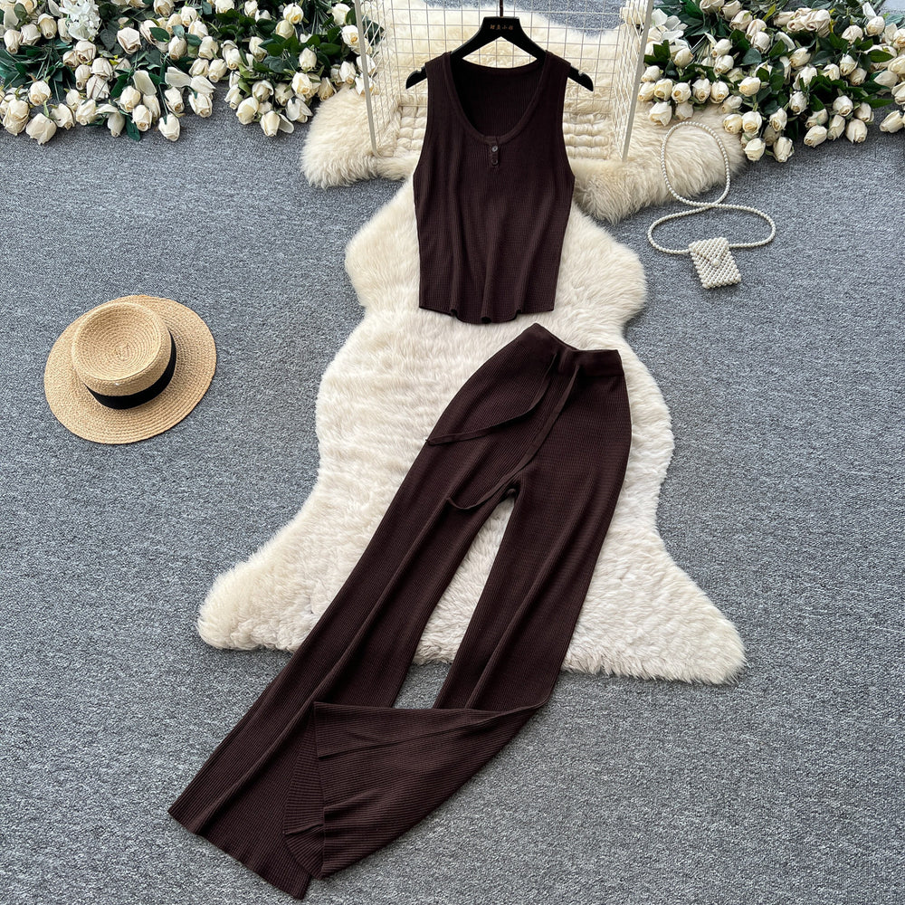 Light mature style v neck sleeveless vest high waistloose pants women's summercasualknittingtwo-piece setelegantwork clothingsuit