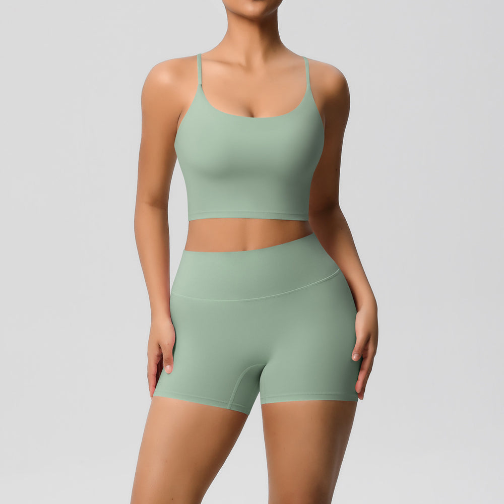 New arrival: cross-border brushed solid color racerback compression breathable yoga set - women's activewear running & fitness shorts set