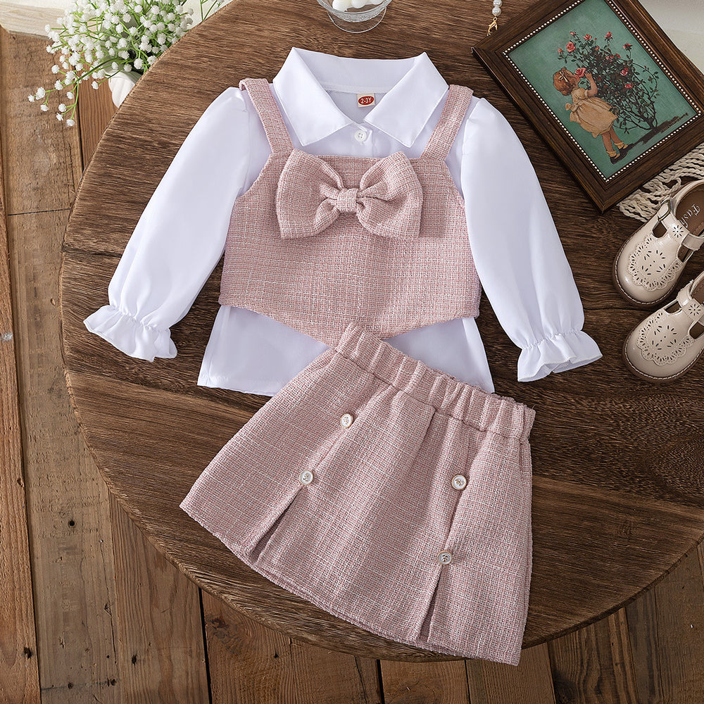 autumn new girls' preppy style shirt, bowknot vest, and a-line skirt three-piece set