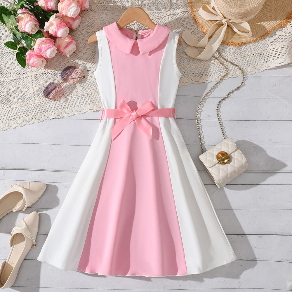 Exportsummergirldress pink and white vertical strip patchwork sleeveless lapel waist large hem long skirt kids princess dress