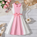 Exportsummergirldress pink and white vertical strip patchwork sleeveless lapel waist large hem long skirt kids princess dress