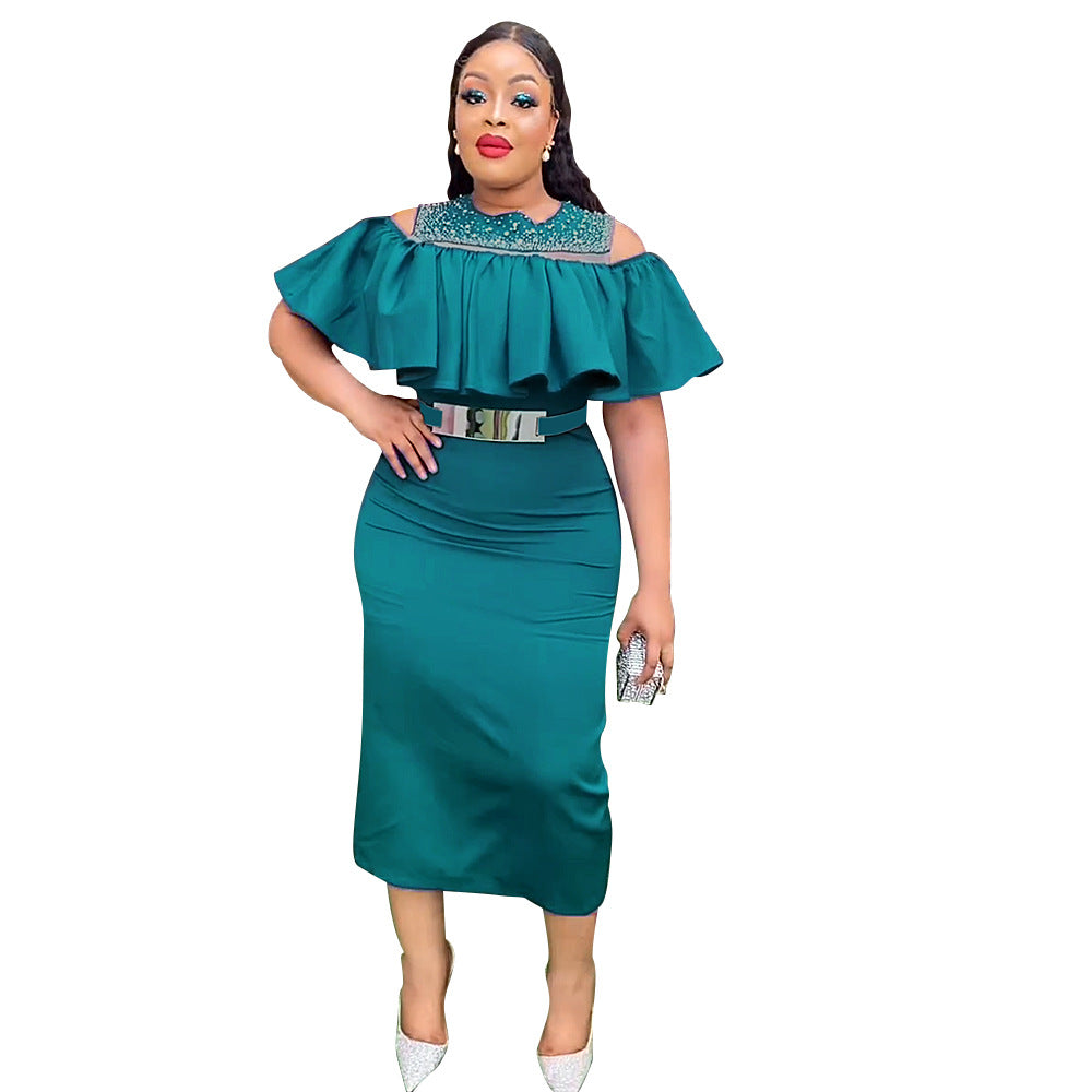 new european and american export hot seller  african plus size fashion women's ruffle dress with belt