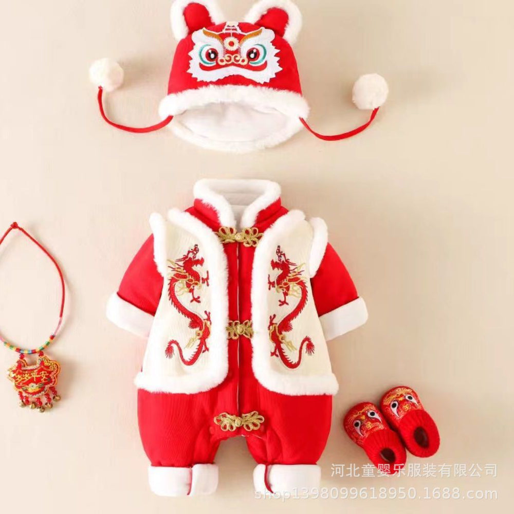Infant and toddler winter clothing, baby's new year's greetings outfit, winter one-piece red thickened outerwear, festive new year's greetings outing clothes