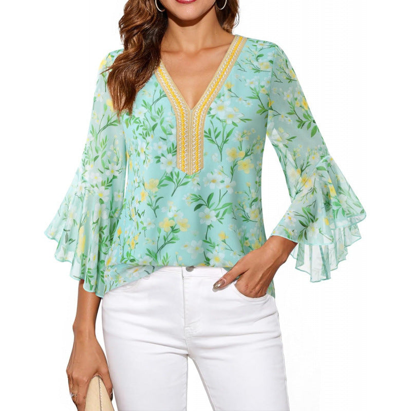 Amazon fashioneleganteleganceflowershirt women's  summer new ruffles sleeve v necktops