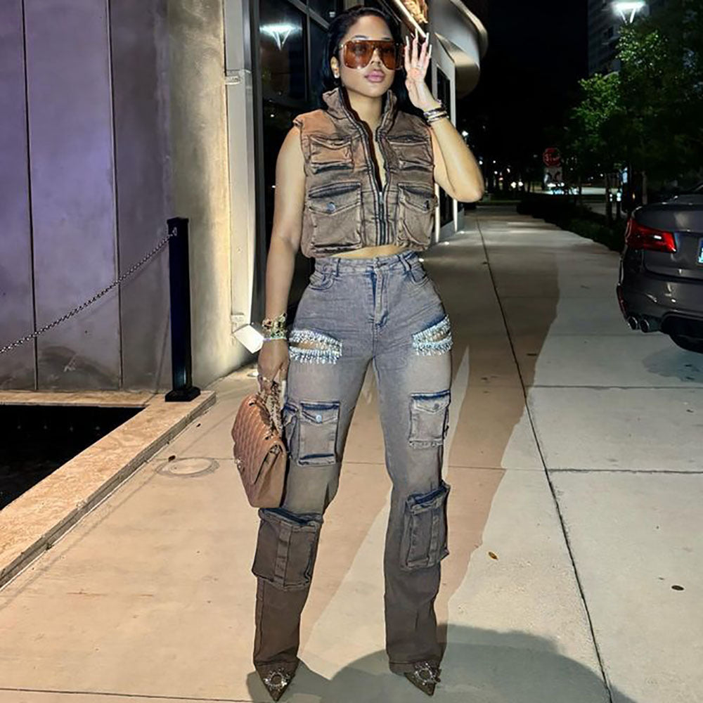 European and american women's fashion jeans -  cross-border women's clothing - trendy retro tassel & rhinestone embellished multi-pocket cargo pants