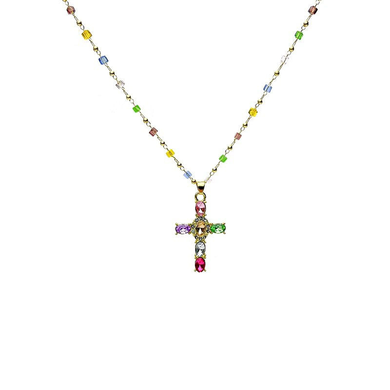 Early spring dopamine colorful cross necklace women's light luxury niche design clavicle chain vacation style choker accessories