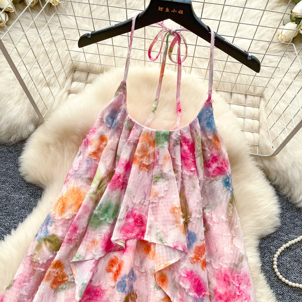 Vacation style halter neck floral, hot girl style dress for women summer dopamine a-line skirt gentle skirt pink sweet style