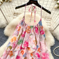 Vacation style halter neck floral, hot girl style dress for women summer dopamine a-line skirt gentle skirt pink sweet style