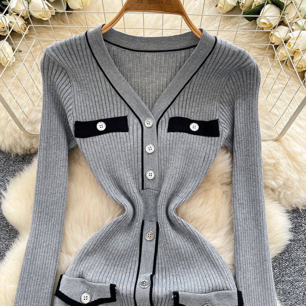 Xiaoxiangfengclassyfashionablecontrast color button design v neck waist slimming lookelegantlong sleevesknittingdress women