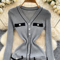 Xiaoxiangfengclassyfashionablecontrast color button design v neck waist slimming lookelegantlong sleevesknittingdress women