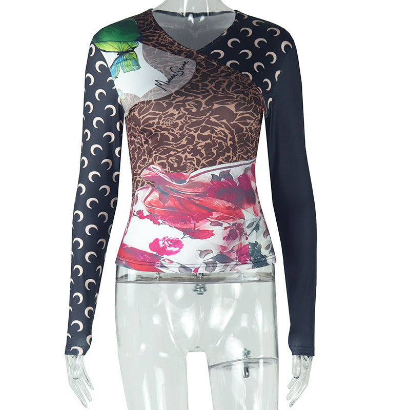 European and american style cross-border e-commerce fashion casual women's comfortable printed patchwork v-neck slim-fit long sleeve autumn and winter warm t-shirt