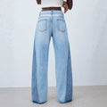 Fashionjeans women's light blue contrast color side seam patchwork wide-leg pants raw edge trousers washed loosemop denim