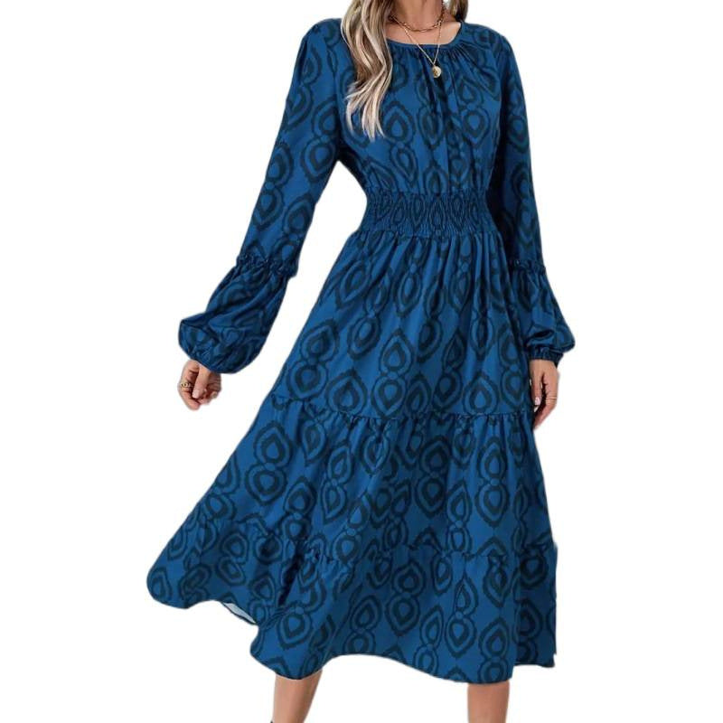 Shipped: european and american export women's clothing -  cross-border fashion geometric print casual long sleeve dress