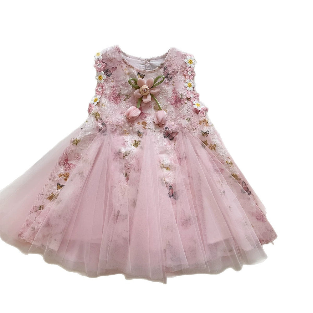 summer sleeveless girls' chic 3d floral dress - new embroidered lace mesh dress