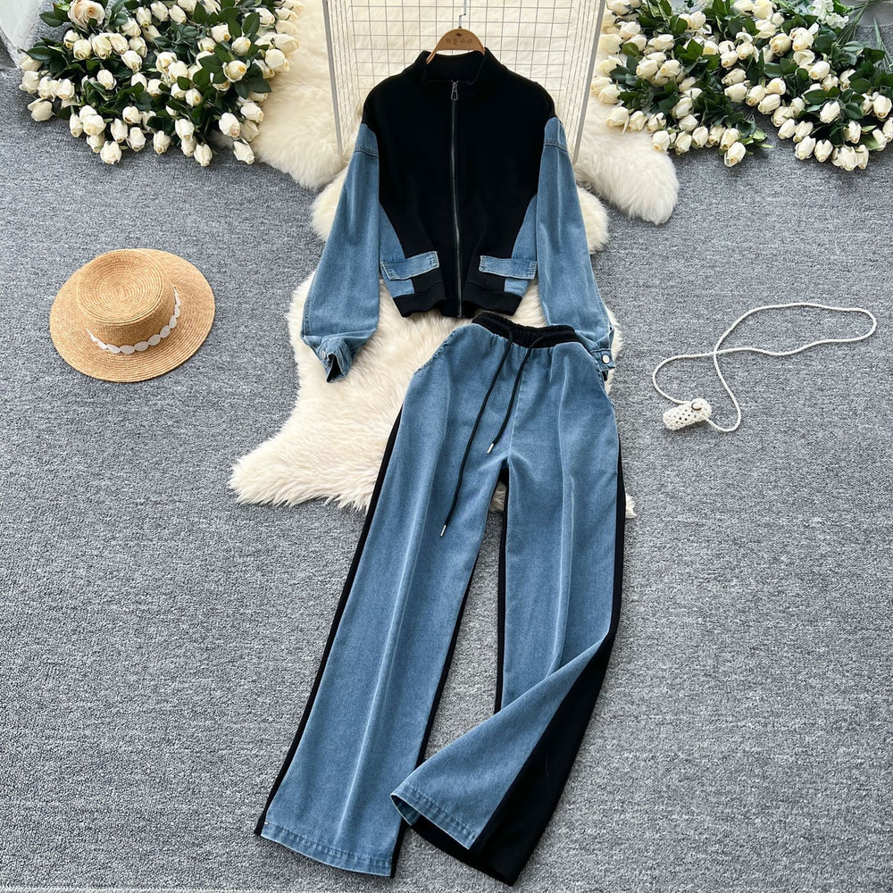Fashionsuit women's hong kong style casualcontrast colorpatchwork stand collar zipper fake two-piece tops high waist denim wide leg pants