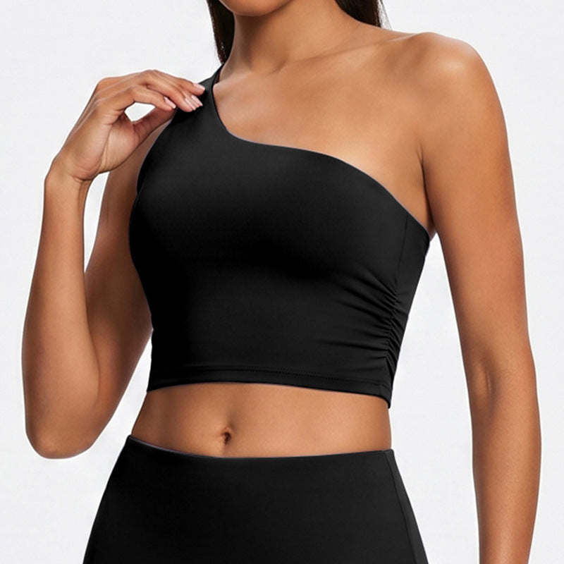 fashion one shoulder yoga vest with breast pad running sports fitness vest women's nude yoga clothes tops