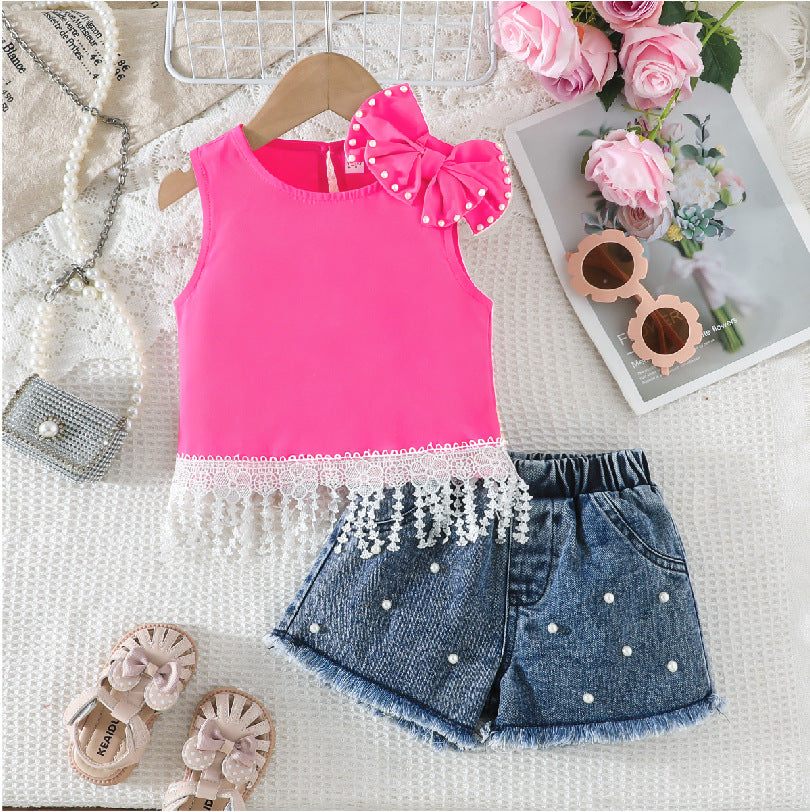 european and american style girls' summer outfit: bowknot lace tassel tank top + beaded denim shorts set