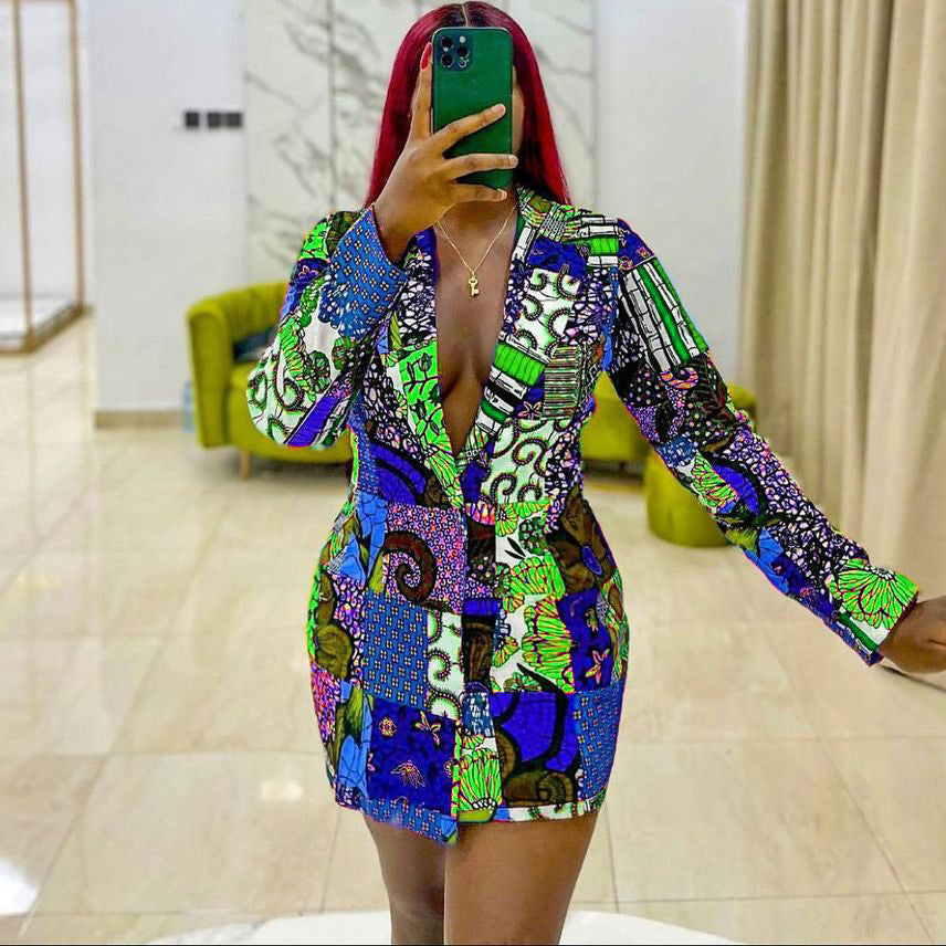D170  temperament commuter ethnic style suit collar printing long sleeves foreign trade large size european and american cross-border dress