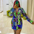 D170  temperament commuter ethnic style suit collar printing long sleeves foreign trade large size european and american cross-border dress
