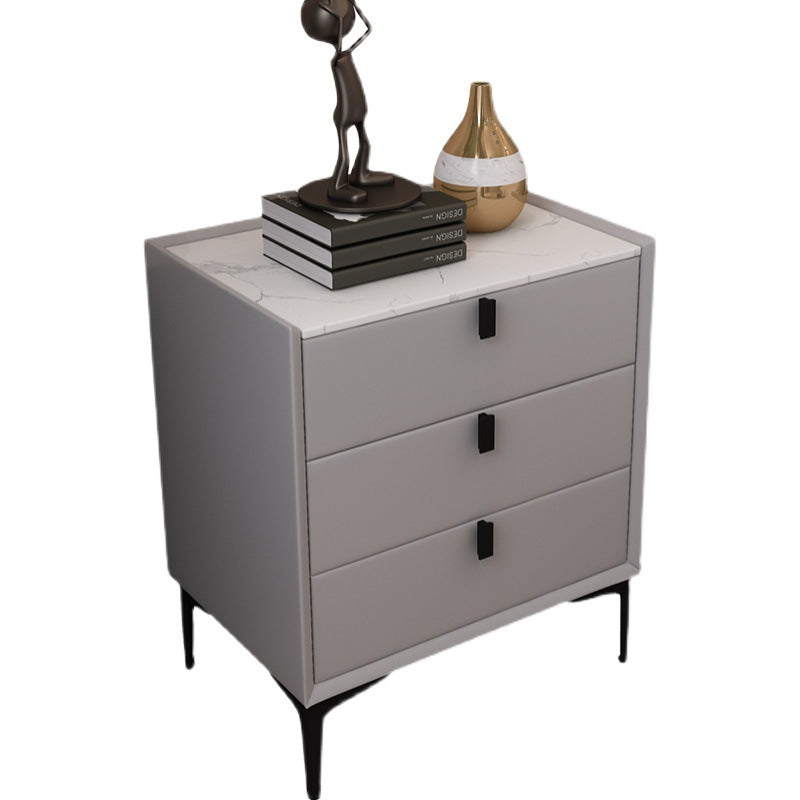 Ready-to-ship, modern, minimalist faux leather bedside table with three drawers, italian-style high-end, popular bedroom solid wood nightstand