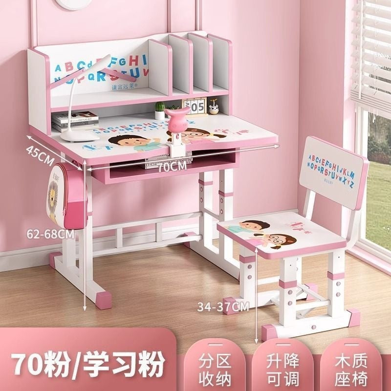 Student home desk set - kids' study table with bookshelf, adjustable height, storage, and chair combination