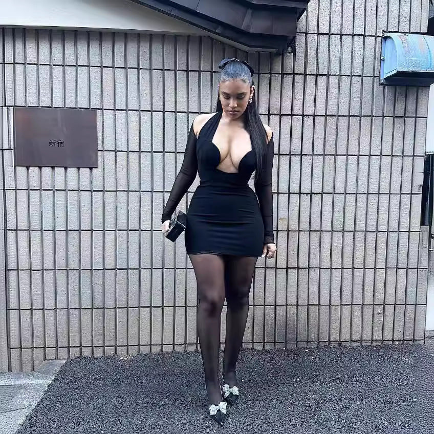 European and American ins  women's clothing sexy neck mesh splicing long-sleeved dress street pullover hip skirt Dress