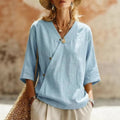 summer new women's solid color cotton linen european and american button-down top - cross-border e-commerce