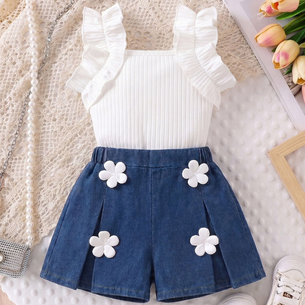 cross-border girls' fashion set: european & american style ruffle top + 3d floral washed denim jeans