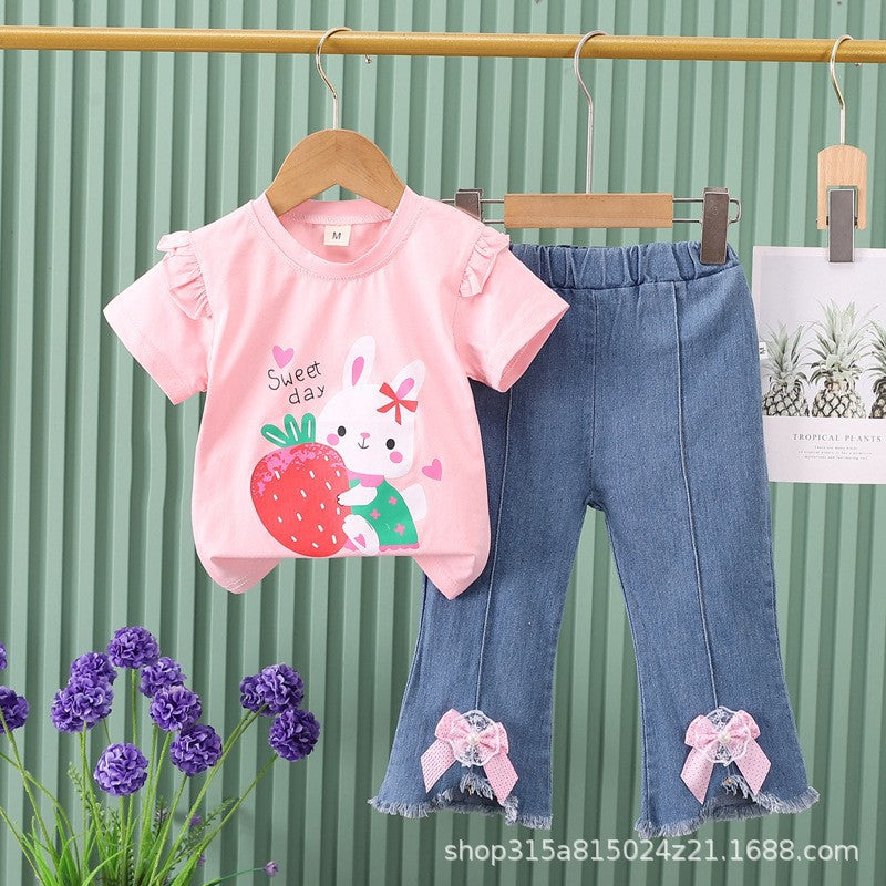 New girls' summer outfit: cartoon cute pattern short-sleeve top + bowknot denim shorts two-piece set - wholesale