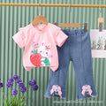 New girls' summer outfit: cartoon cute pattern short-sleeve top + bowknot denim shorts two-piece set - wholesale