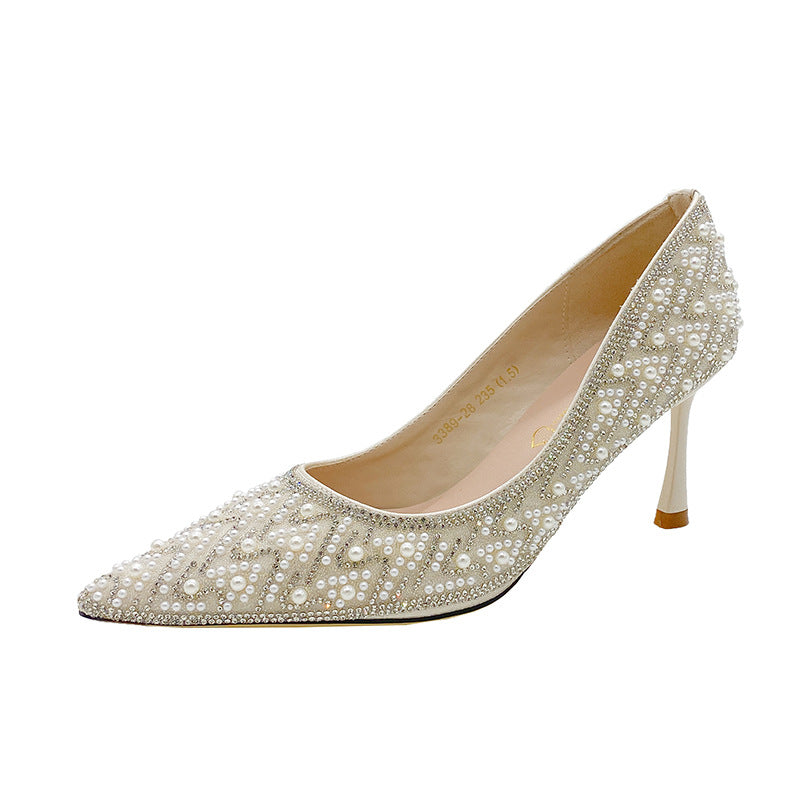 Elegant pointed-toe high heels: new spring/autumn 2024 collection - women's rhinestone & pearl studded stiletto heels, perfect for banquets and weddings