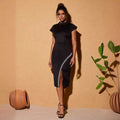 supply of african fashion silm hip-covering short-sleeved high-collar beaded slit dress small dress special price
