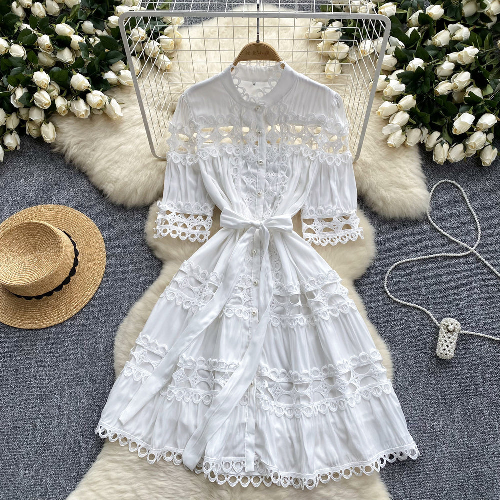 French retro court style dress - elegant stand collar pearl single-breasted hollow-out lace patchwork gown for women