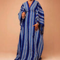 African ethnic striped dress - loose sleeve v-neck drawstring contrast color satin bubu robe dress