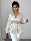 fashionwork clothingelegant shirt bright acetate satin lapel deep v strap waist slimming looklong sleevesshirt