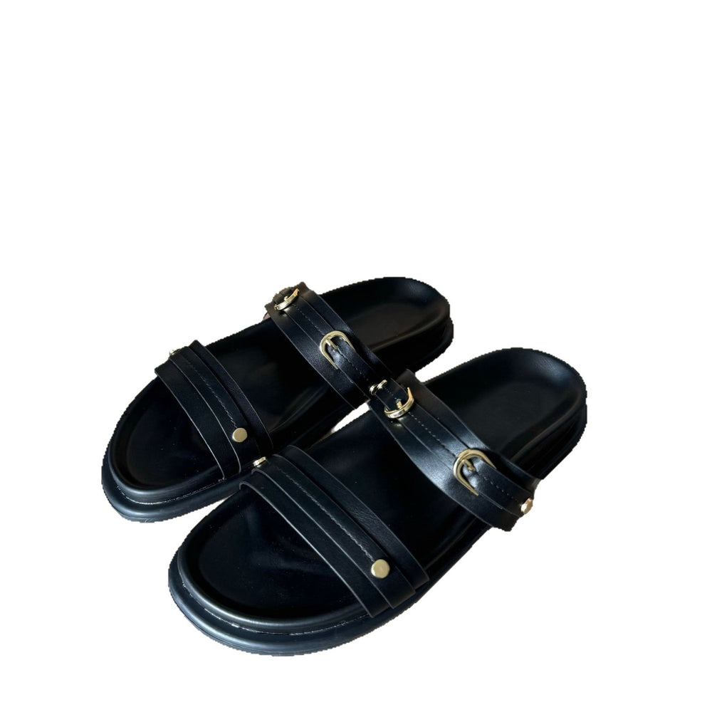 Summernew arrivalretro belt buckle casualthick sole slippers women's outwear genuine leather flats roman sandals
