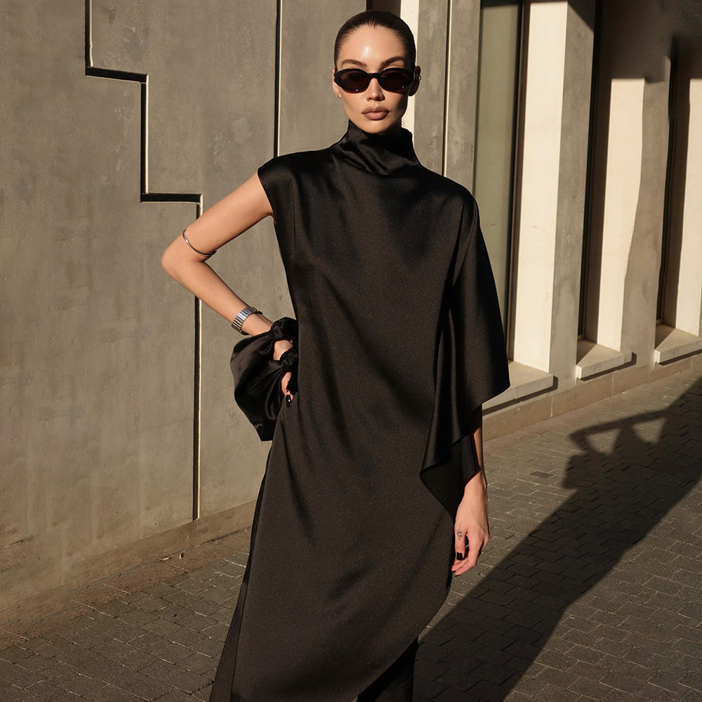 Europe and the United States  2025 summer new semi-turtleneck beveled edge dress celebrity temperament loose sleeveless dress long dress women