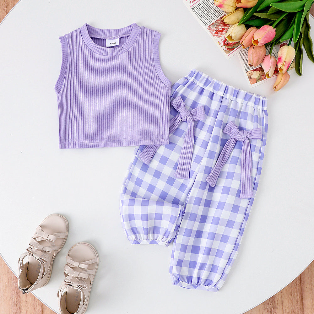Children's clothing  fashion children's clothing girl purple vest + plaid pants cross-border