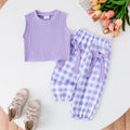 Children's clothing  fashion children's clothing girl purple vest + plaid pants cross-border
