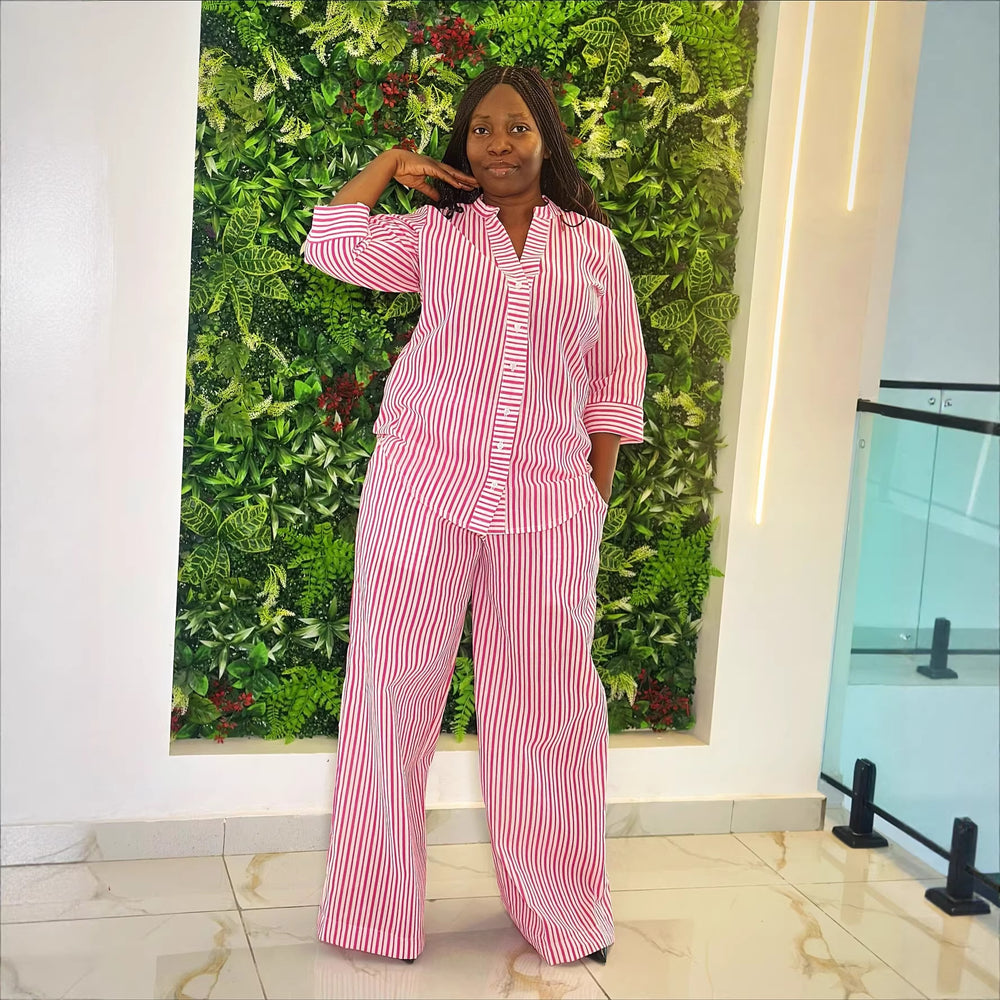 European and american cross-border women's fashion:  summer new collection - stylish and elegant striped v-neck loose-fit shirt and wide-leg pants set