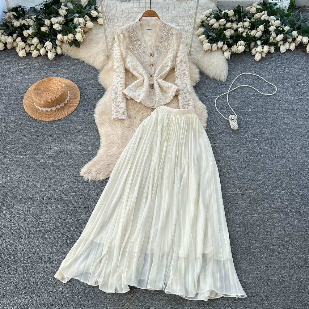 French chic lace v-neck cardigan & high-waisted pleated skirt set - autumn's elegant & sophisticated two-piece
