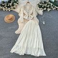 French chic lace v-neck cardigan & high-waisted pleated skirt set - autumn's elegant & sophisticated two-piece