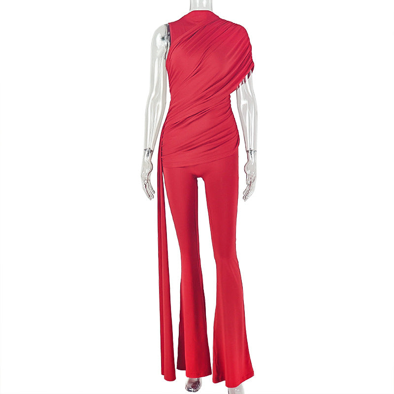 European and american style solid color women's ruched tie-up asymmetrical yoga jumpsuit wide leg high neck one-shoulder bodysuit