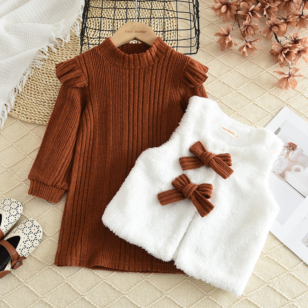Girls' european and american style autumn/winter  ribbed long-sleeve inner layer high-neck dress with plush vest two-piece set