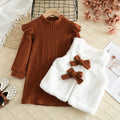 Girls' european and american style autumn/winter  ribbed long-sleeve inner layer high-neck dress with plush vest two-piece set