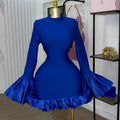 European and american women's clothing  summer new arrival: elegant high-neck flared sleeve high-waisted ruffle hem bodycon dress