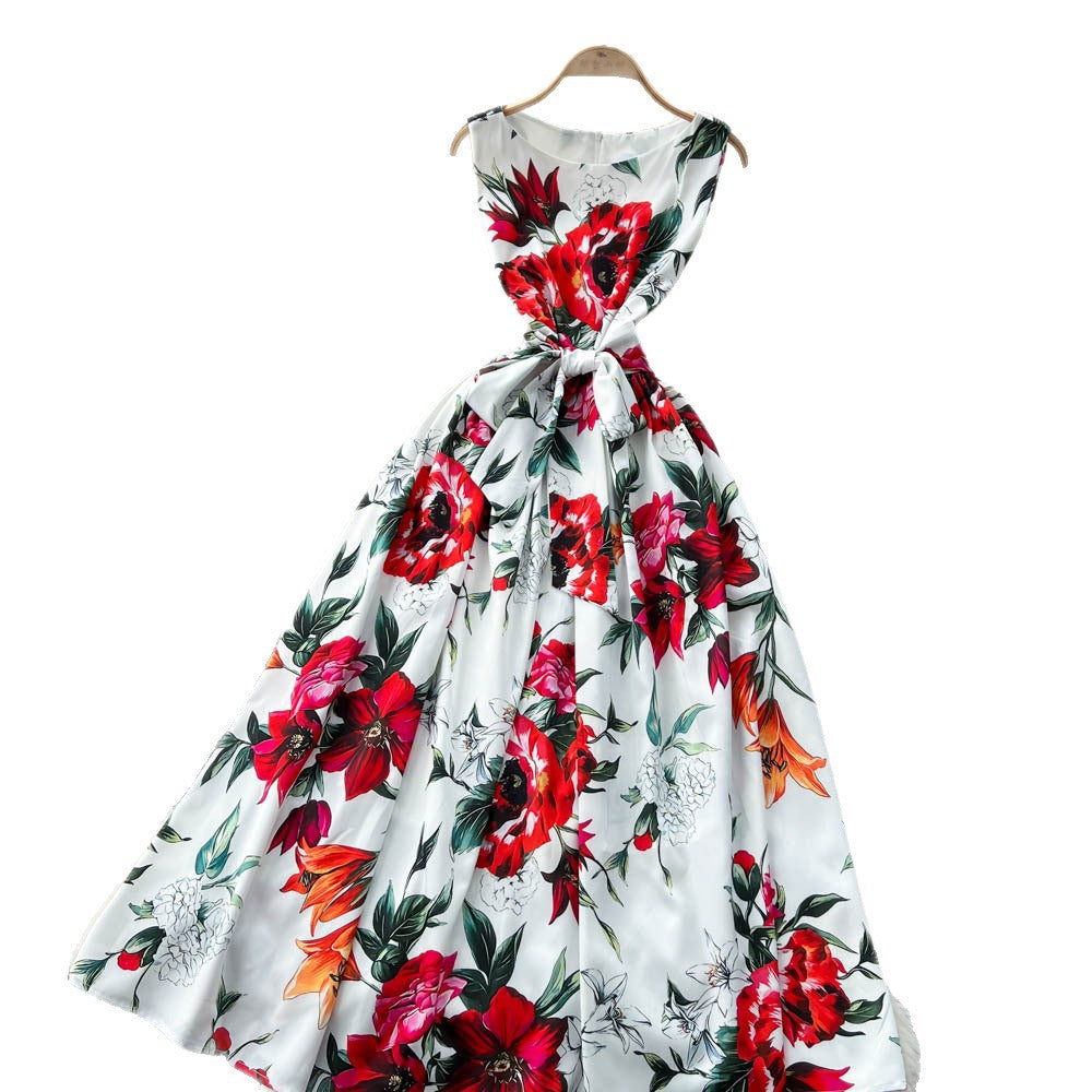 European and american style niche fashion printed dress - women's high-end tie-waist slimming sleeveless vest maxi dress