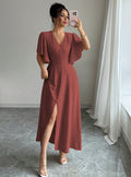 european and american new arrival: elegant slim-fit v-neck waist-defining french dress