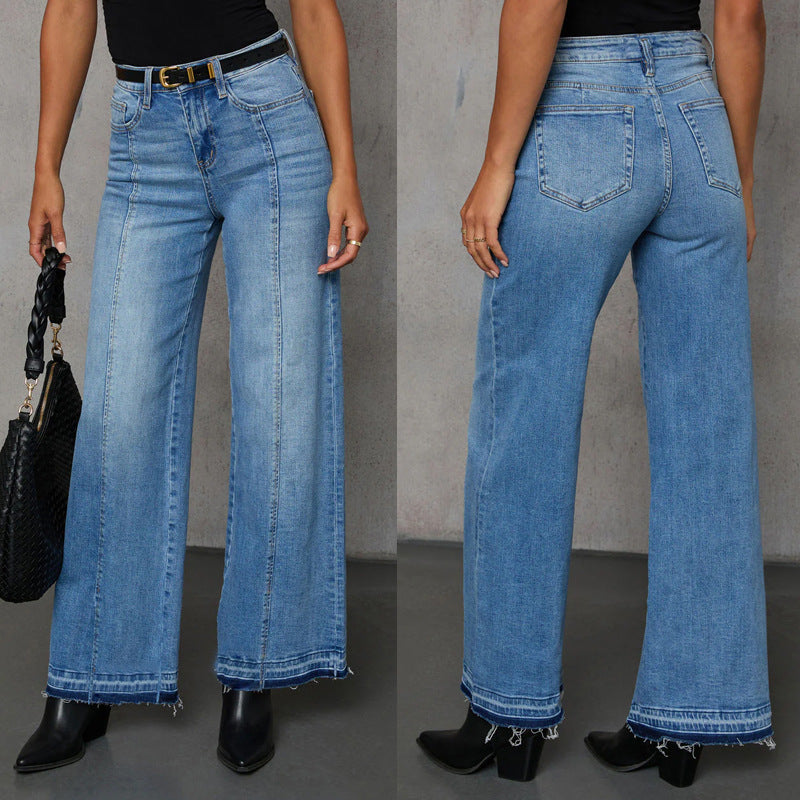 European and american women's jeans  new arrival hot selling patchwork elegant commute wide leg jeans washed stretch fashion jeans